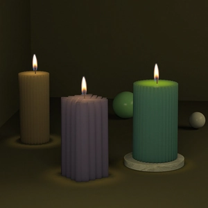 Set di tre candele profumate cilindriche e geometriche in tre colori differenti