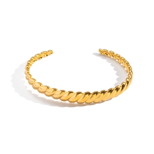 18K gold plated stainless steel C-shaped open bracelet with twisted rope texture