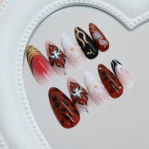 3D blooming red-brown leopard print cat-eye press-on nails in long almond shape