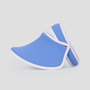 Detail of sky blue open top sun hat showing white piping and silver metal rivet