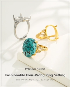 Detailed close-up of S925 sterling silver four-prong ring settings with inlaid gemstone