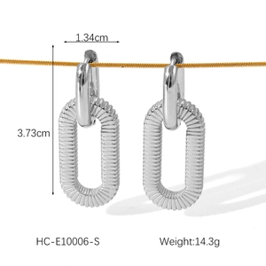 Detail view of textured stainless steel earrings with length and width dimensions shown