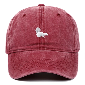 Vintage washed cotton baseball cap in dark red with white squirrel embroidery for outdoors