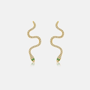 925 Sterling silver snake stud earrings in gold with white crystals and green stone eyes