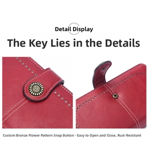 Detail of red leather long wallet featuring vintage bronze flower snap and retro stitching