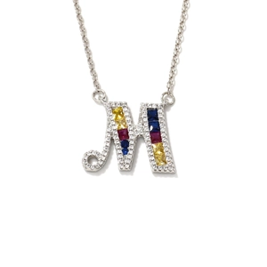 Silver letter M necklace pendant with colorful cubic zirconia on thin chain