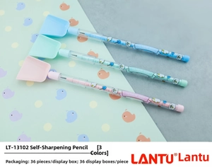Detail of shovel-shaped stackable pencils with cartoon penguin and pastel colors