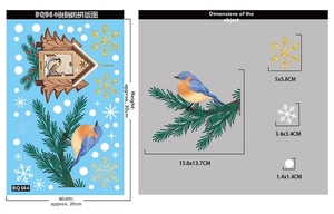 Size guide for Christmas window stickers featuring bird nest and snowflake dimensions