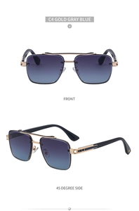 Detailed front and 45-degree side views of gold metal rimless sunglasses with gradient lenses