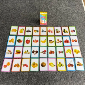 Detailed flat lay of 36 fruit educational flash cards for kids with colorful packaging