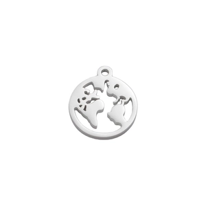 Polished silver world map pendant with hollow earth design in stainless steel