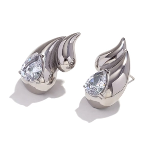 Polished silver stainless steel drop earrings with pear-cut cubic zirconia in a flame design