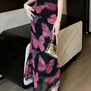 Damen Schmetterling Druck Netzrock Hohe Taille Schlanke Passform Elegant Maxi Fishtail Halbrock