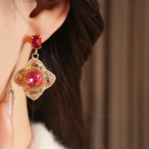 Vintage rose pink crystal flower earrings with gold bead trim in palace style