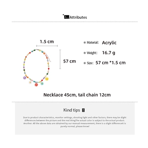 Detailed spec view of acrylic bead necklace showing 45cm length and flower pendant size