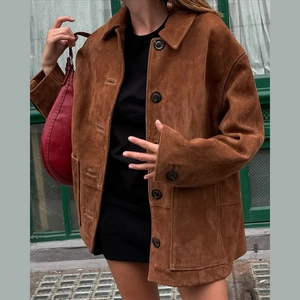 Veste Vintage En Faux Daim Pour Femme À Manches Longues Col À Revers Boutonné Manteau Oversize Marron