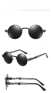 Multi-angle views of round steampunk polarized sunglasses with black metal frame