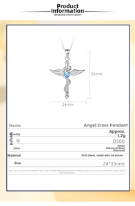 Detail of S925 sterling silver cross pendant with angel wings and heart-shaped blue zircon