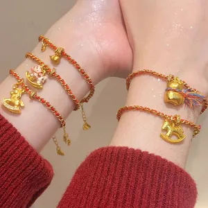 Bracelet Corde Tressée Rouge Cuivre Plaqué Or 24K Zircon Künstliche Perle Cheval Gourde Charme Style Chinois Moderne Bijoux Femmes