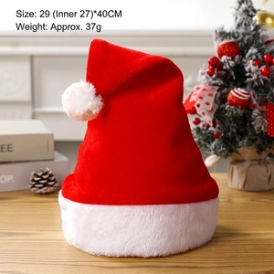 Classic red plush Santa hat with white fur trim and size details 29x40cm for Christmas