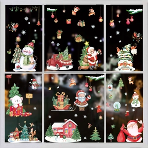 Aquarell Weihnachtsaufkleber mit Weihnachtsmann und Rentier für festliche Fensterdekoration