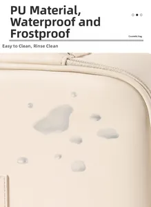 Close-up of waterproof beige PU leather cosmetic bag surface showing easy-clean water droplets