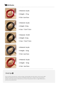 Detailed size and weight chart for irregular acrylic bangles with marble ink patterns