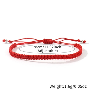 Adjustable red hand-woven rope bracelet with silver beads and measurement details