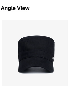 Detail view of cotton cadet cap showing metal square logo and breathable eyelet texture
