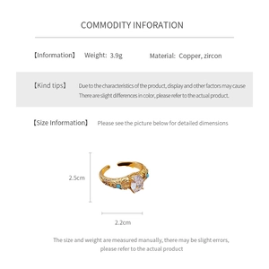Spécifications de taille pour bague plaquée or 18k avec laiton et oxydes de zirconium