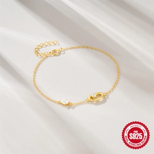 Elegant S925 sterling silver gold plated bracelet with oval geometric zircon stones