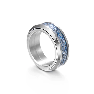 Bague rotative en acier titane avec insert bleu et motif dragon celtique argenté