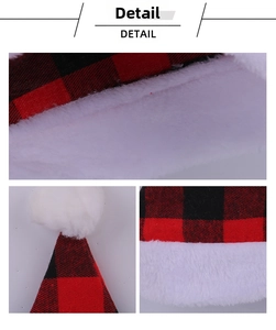 Detail of red and black buffalo plaid Christmas hat with plush white pompom and soft lining