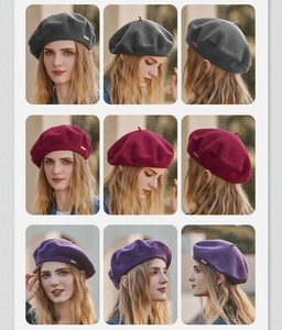 Detail view of wool berets in dark grey, wine red, and purple from various angles