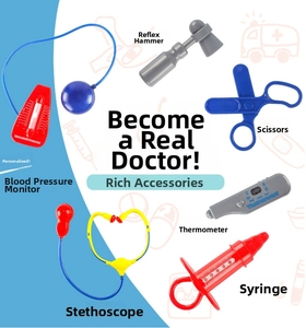 Detailed set of realistic plastic medical toys including a stethoscope and thermometer