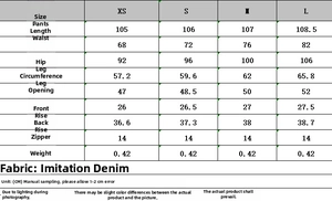 Tableau des tailles pour veste en jean et pantalon avec mesures de coupe détaillées