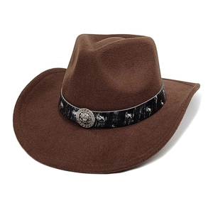Chapeau De Cowboy Occidental En Feutre De Laine Fedora À Bord Large Avec Boucle Métallique Tête De Lion Et Rivets Style Rétro