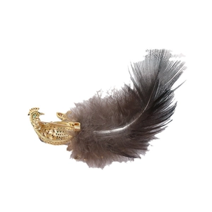 Elegant gold peacock brooch featuring colorful zircons and long natural feathers on back view