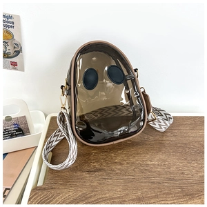 Detail of transparent PVC crossbody bag in tea brown color with woven patterned wide strap