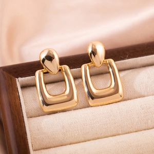 Elegant gold plated hollow geometric drop earrings with polished rectangular pendant