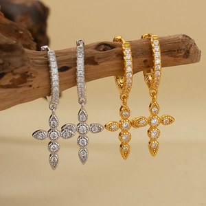 Vintage S925 sterling silver cross drop earrings with sparkling cubic zirconia pavé