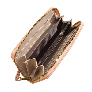 Pink cross-grain long zip wallet for women featuring multiple card slots and coin pocket