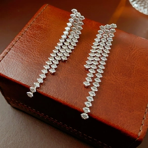 Detailed close-up of silver tassel earrings with sparkling crystals on a premium leather box