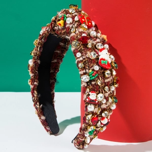 Elegant Christmas tweed headband with pearls, rhinestones and festive miniature charms