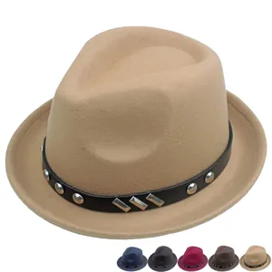Camel wool felt fedora hat with studded leather band shown in multiple color options