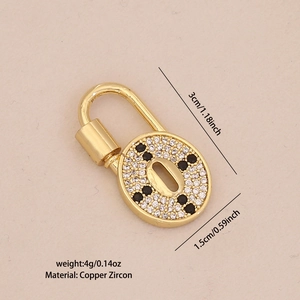 Golden heart-shaped lock charm with black and white zircon pavé on brass for DIY jewelry