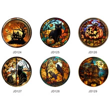 Detailed set of six Halloween stained glass suncatchers featuring bats, cats, and pumpkins