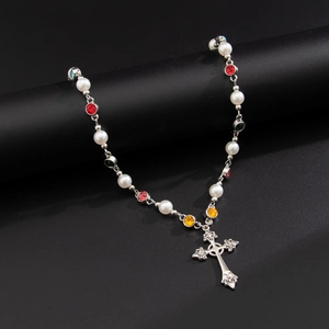 Men Cross Pendant Necklace Alloy Colorful Rhinestone Imitation Artificial Pearl Vintage Punk Hip Hop Jewelry Gift