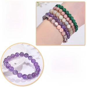 Elastic natural stone beaded bracelet with amethyst and pink zebra jasper for women