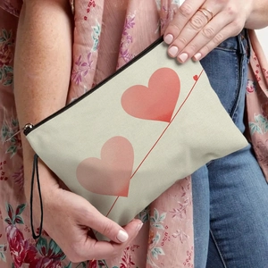 Valentine Day Heart Print Cosmetic Bag Linen Zippered Makeup Pouch With Wristlet Strap For Women Travel Storage